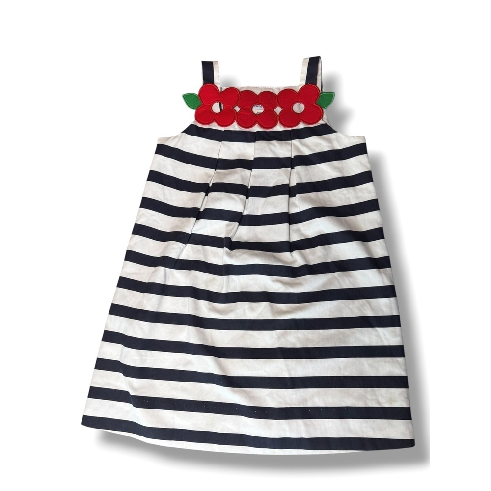 Florence Eiseman Dress Kids 5 Navy White Striped Flower Applique Nautical Summer